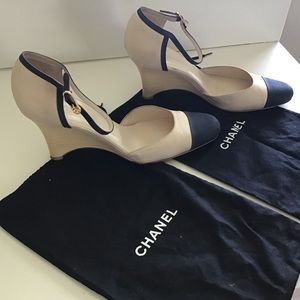 Chanel Beige with black/navy  sling back